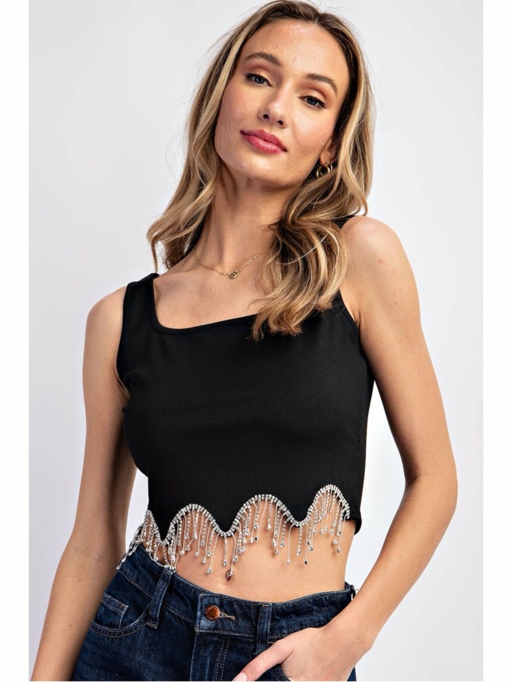 Black Rhinestone Fringe Crop Top 💎 Drip Hem Tank Y2K Glam